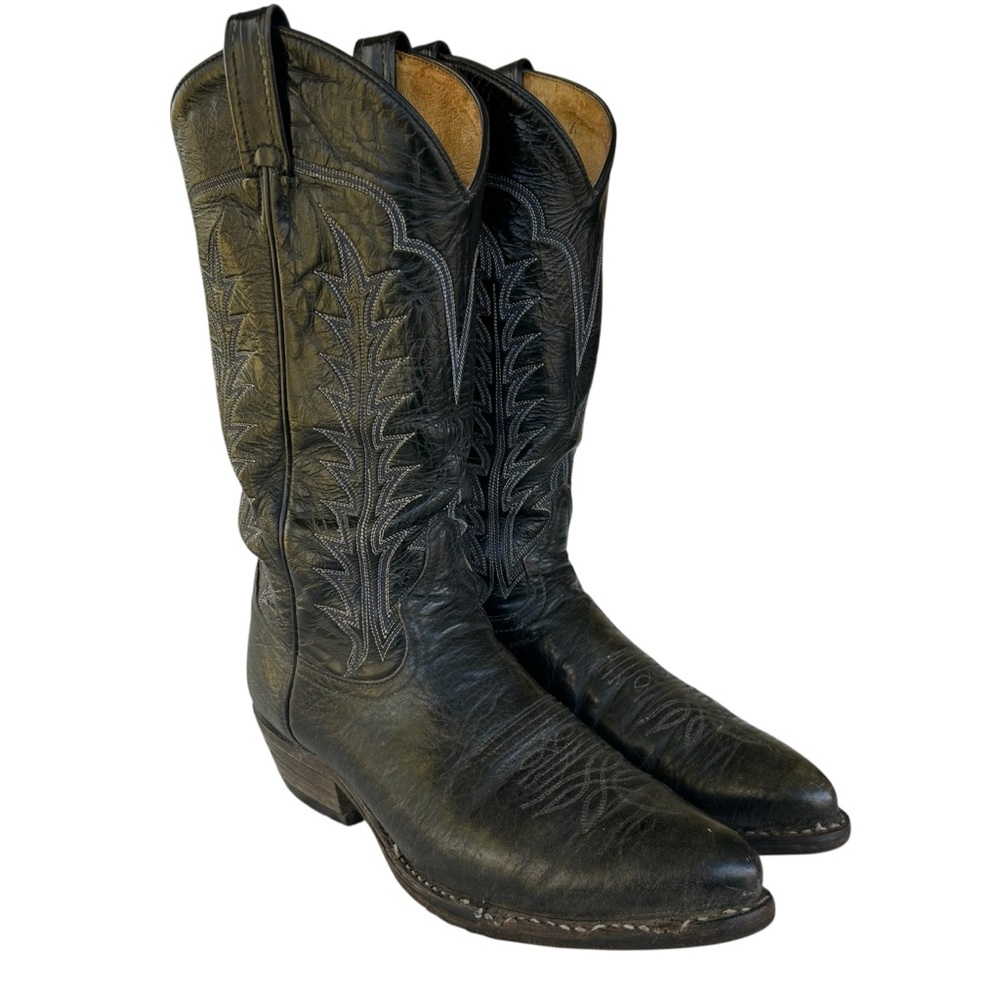 Vintage Tony Lama Black Leather Western Cowboy Boots Rodeo Country Ranch